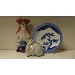An Arita blue and white plate, a Kutani rabbit and and Imari wall pocket, the latter 20cm (8 in)
