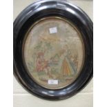 An 18th century woolwork fragment of a musician courting a lady, framed, 36cm oval, together with