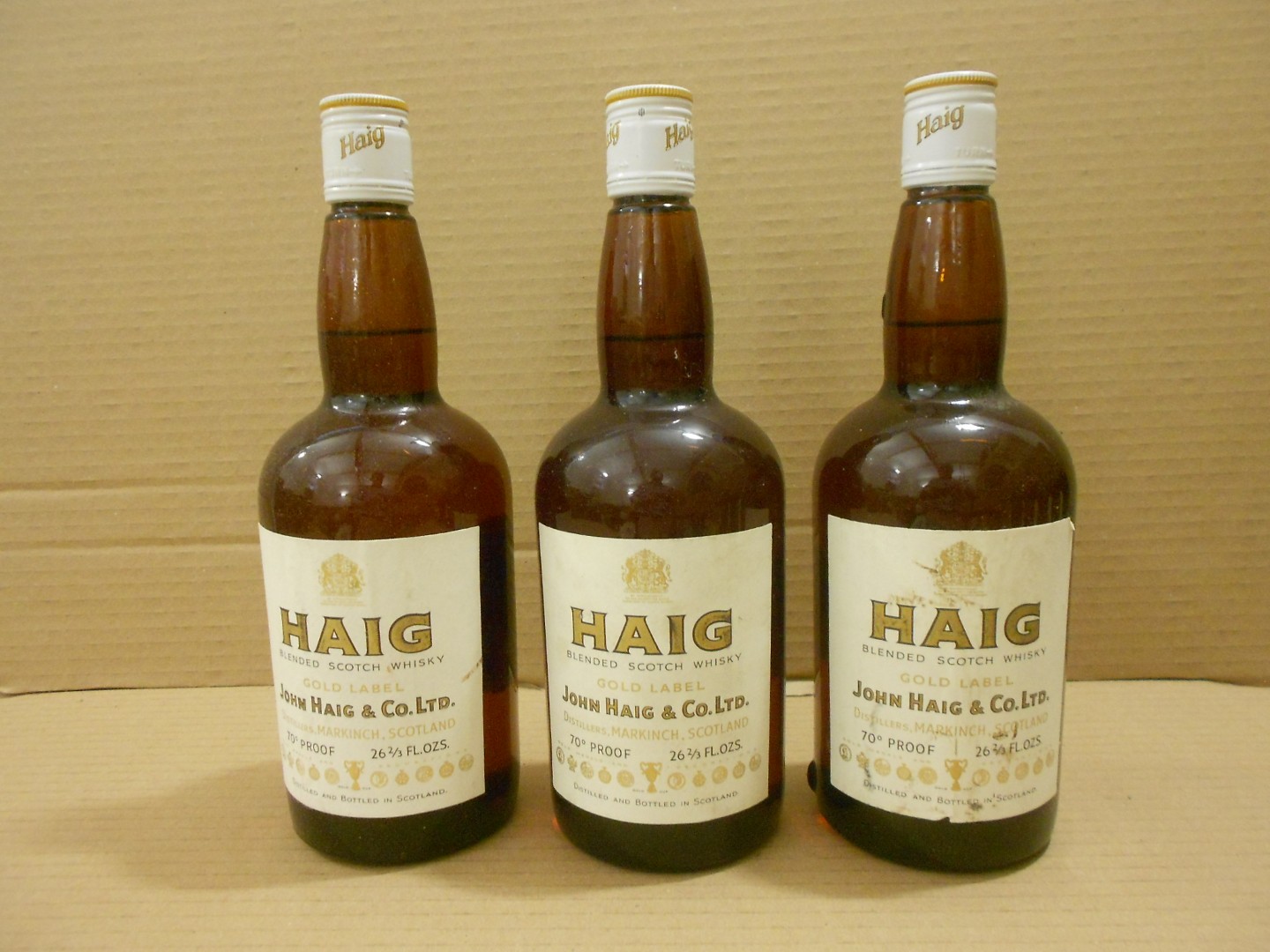 John Haig & Co Ltd. Gold Label blended whisky, three 26 2/3 fl.ozs bottles, probably 1960s/70s,