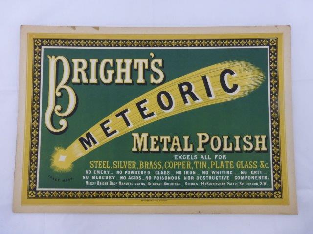 A Bright's Meteoric Metal Polish showcard by Waterlow & Sons Limited, Lith, London, 18 x 12".