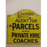 A United Automobile Services Ltd. agency sign for 'Parcels and Private Hire Coaches' double sided