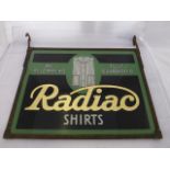 A Radiac Shirts double sided glass sign in original iron hanging frame, 22 x 20 1/2" overall.