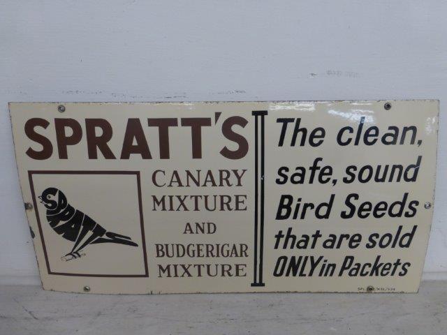 A Spratt's 'Canary Mixture and Budgerigar Mixture' part pictorial enamel sign in near mint