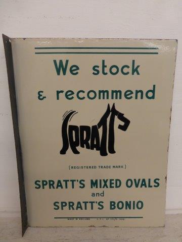 A rare Spratts 'mixed ovals and bonio' double sided enamel sign with hanging flange, in near mint