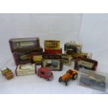 A box of approximately 17 diecast models including Matchbox and Corgi.