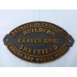 A small cast iron plaque - Darnall Ry. Carriage Builder's Craven Bros. Sheffield, 10 3/4 x 6 1/4".