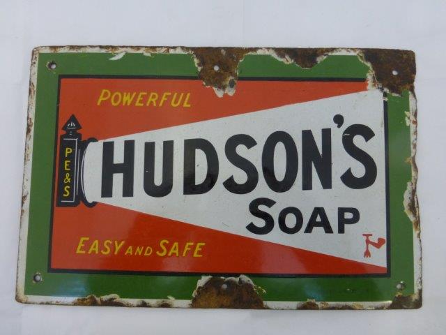 A small Hudson's Soap rectangular enamel sign by Stainton & Hulme, 13 x 8 1/2".