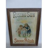 An oak framed and glazed showcard advertising Rising Sun Stove Polish, 20 x 26".