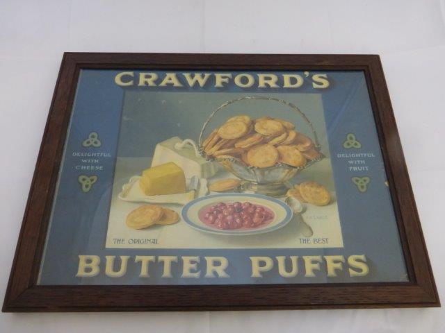 A Crawford's Butter Puffs pictorial showcard set within an oak frame, 17 x 13".