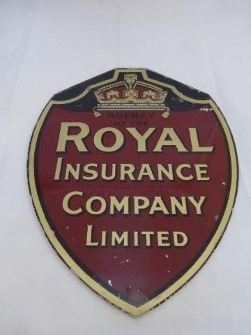 A Royal Insurance Company Limited shield shaped glass sign, 13 1/4 x 17".