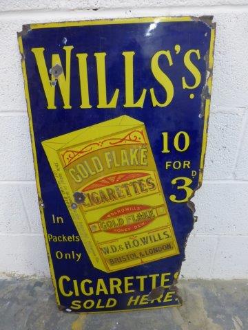 A Wills's Gold Flake Cigarettes pictorial packet enamel sign, 18 x 36".