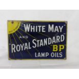 A BP 'White May' and 'Royal Standard' Lamp Oils double sided enamel sign, lacking hanging flange, 18