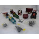 A box of Ertl & Ros and Britains die-cast tractor and farm implements.