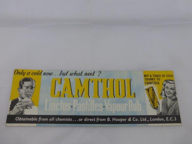 A Camthol Linctus/Pastilles and Vapour Rub part pictorial showcard, 18 x 6".