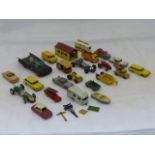 A selection of playworn die-cast including many Lesney, two Corgi Formula 1 racing cars etc.