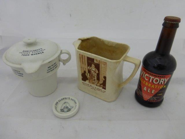 A Wade Bell's Scotch Whisky water jug, a Sam Clarke's Patent Pyramid lidded food warmer, a Clarke'
