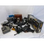A box of assorted cameras to include a Kodak with ball bearing shutter, Samoca 35, Zeiss Ikon etc.