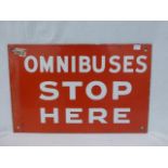 An early 'Omnibuses Stop Here' double-sided enamel sign, 15 1/2 x 10".