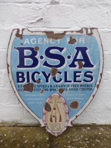 A BSA Bicycles shield shaped double sided enamel sign, 15 x 17 1/2".