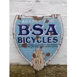 A BSA Bicycles shield shaped double sided enamel sign, 15 x 17 1/2".