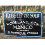 A Woolland, Son & Manico Auctioneers of Plymouth 'To be let or sold' enamel advertising sign, 24 x