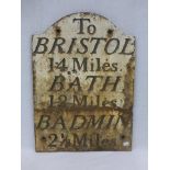A cast iron To Bristol 14 miles, Bath 12 miles, Badmin. 2 1/2 miles road sign, 13 x 18".