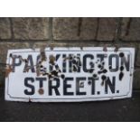 A rectangular enamel sign for Parkington Street N., 30 1/2 x 12".