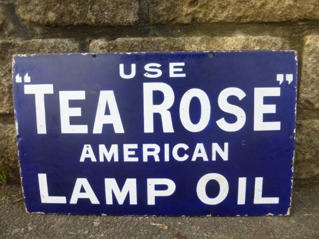 A ''Tea Rose'' American Lamp Oil rectangular enamel sign, 20 x 12".