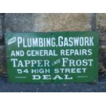 A rectangular enamel advertising sign - 'For Plumbing, Gas Work and General Repairs Tapper Late