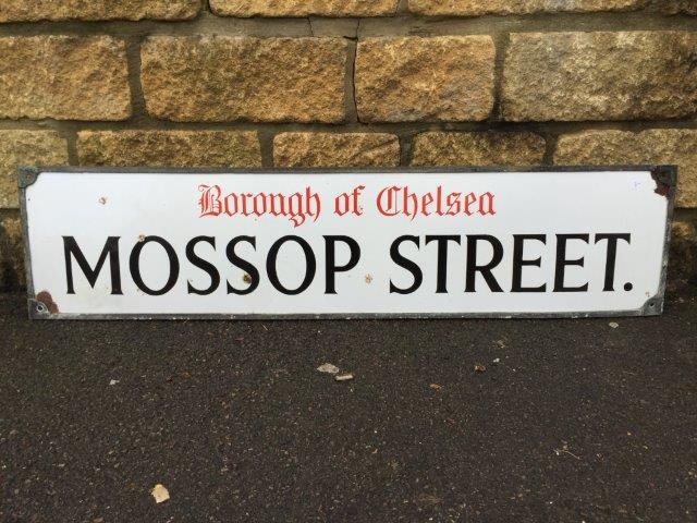An enamel road sign: Borough of Chelsea - Mossop Street held within a lead frame, 43 1/4 x 10 1/4".