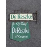 A two piece enamel sign advertising 'De Reszke' with hanging 'Mine's a Minor' attachment.