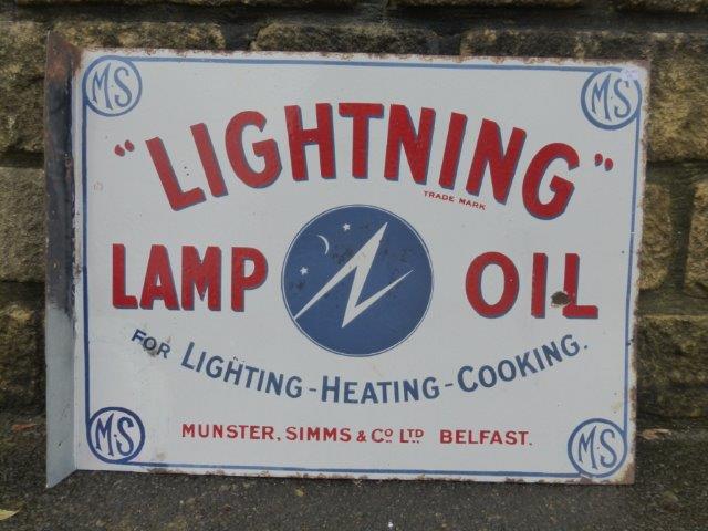 A Lightning Lamp Oil Munster, Simms & Co. Ltd. of Belfast double sided enamel sign with hanging