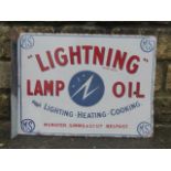 A Lightning Lamp Oil Munster, Simms & Co. Ltd. of Belfast double sided enamel sign with hanging