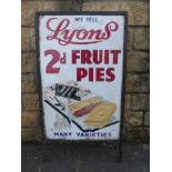 A Lyons Fruit Pies pictorial packet enamel sign set within a metal frame, 23 x 35".