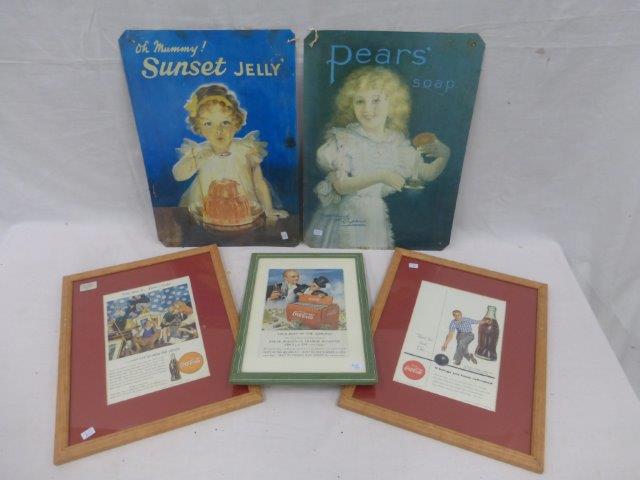 Three framed and glazed Coca Cola reproduction advertising sheets also a reproduction Pears Soap and