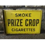 A double sided enamel sign with hanging flange advertising Prize Crop Cigarettes, 18 x 12".