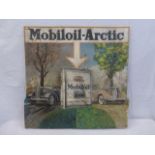 A Mobiloil-Arctic 3D showcard depicting two pre-war cars flanking a central oil can, 30 3/4 x 30".