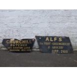 Two early delivery bicycle advertising signs 'Churchill, Butcher', 21 x 9 1/2" and 'AIP's for fruit,