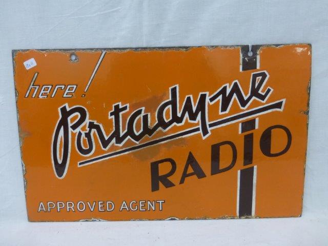 A Portadyne Radio Approved Agent double sided hanging enamel sign, with a patch of restoration to - Image 2 of 2