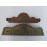 Two cast iron signs Green's 12 in 'Silens Messors - Lawn Mower and The European.