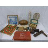 A box of sporting related games, etc, including an early wooden and metal mounted football rattle