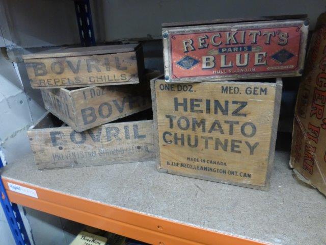 Yesterday's World Grocery Store - four Bovril wooden display boxes, a Heinz Tomato Chutney crate and