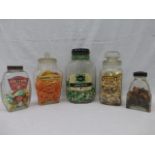 Five assorted glass confectionery jars.