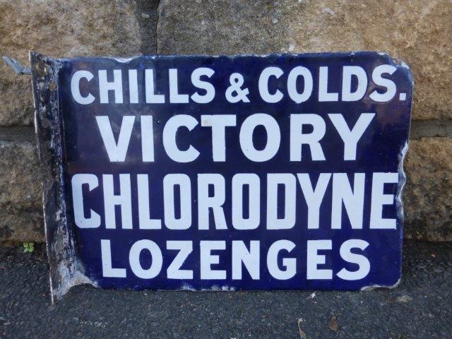 A double sided enamel sign with hanging flange advertising to one side 'Victory Chlorodyne