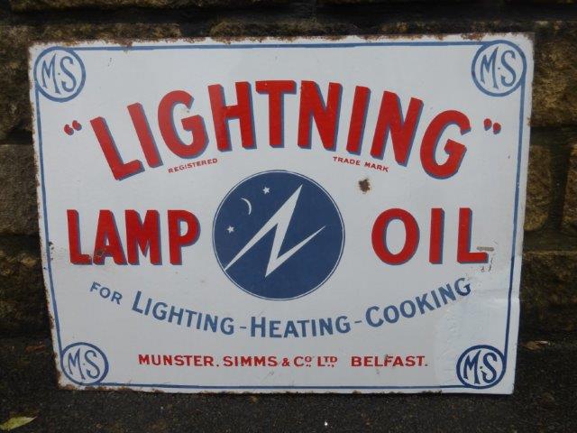 A Lightning Lamp Oil Munster, Simms & Co. Ltd. of Belfast double sided enamel sign with hanging - Image 2 of 2