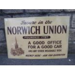 A Norwich Union part pictorial rectangular enamel sign with re-touching all round the edges, 27 x
