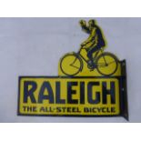 A Raleigh 'The All-Steel Bicycle' pictorial diecut double sided enamel sign with hanging flange,