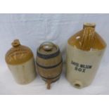 A stoneware flagon and a ceramic cider barrel.