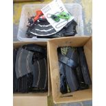 Three boxes of Scalextric accessories, including track, controls, cars, etc.