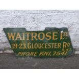 An early delivery bicycle advertising sign - 'Waitrose Ltd.' 19-23 Gloucester Road SW7, 21 1/2 x